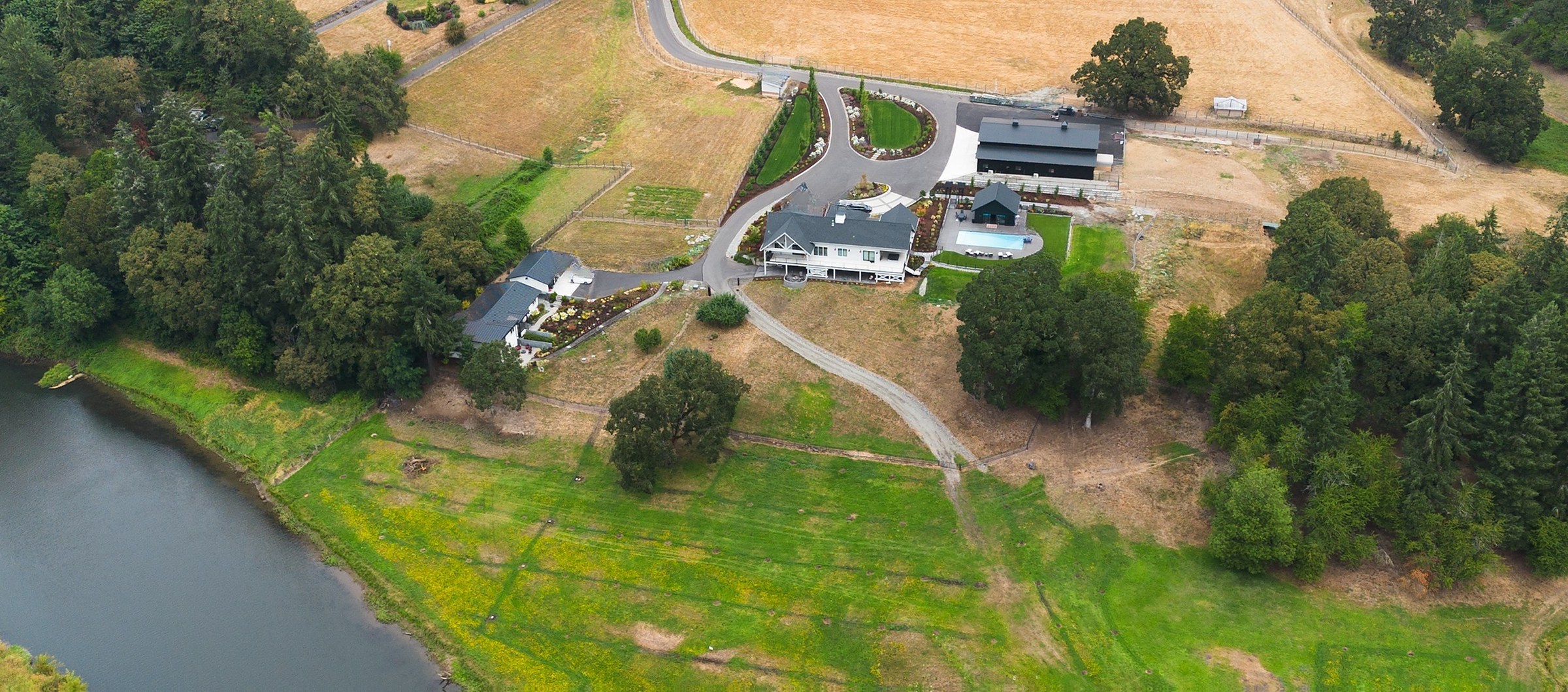 Aerial view of the whole River & Oak estate above the Lewis River