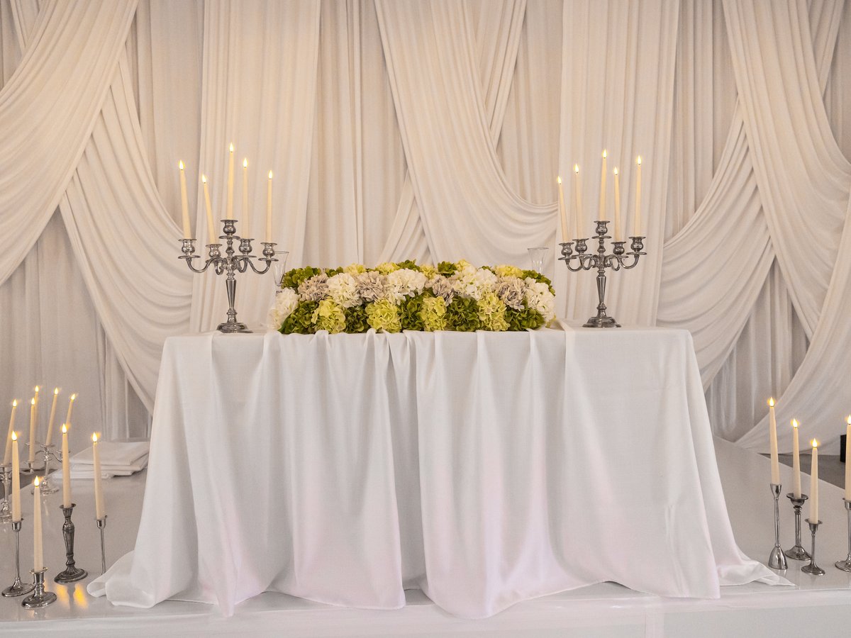 The head table set with hydrangeas and silver candelabras